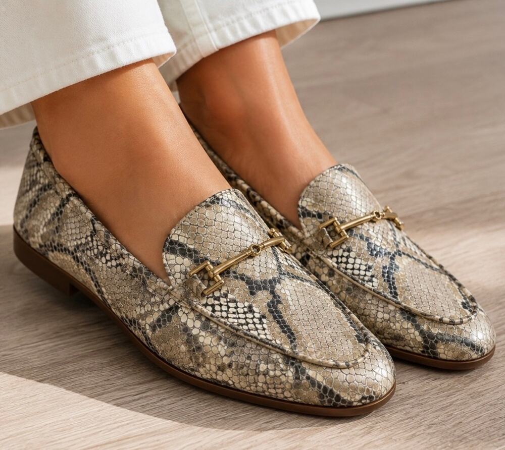 Sam Edelman Leather Loraine Gold Brass Bit Snakeskin Loafers Women's Size 9